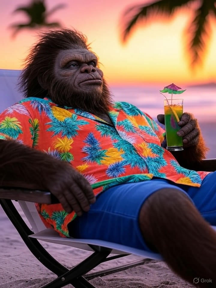 An ultra realistic cinematic portrayal of a lifelike Bigfoot lounging on a beach (1)