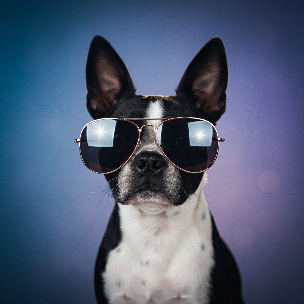 Cinematic studio portrait of a Boston Terrier close-up wearing stylish aviator s (3)
